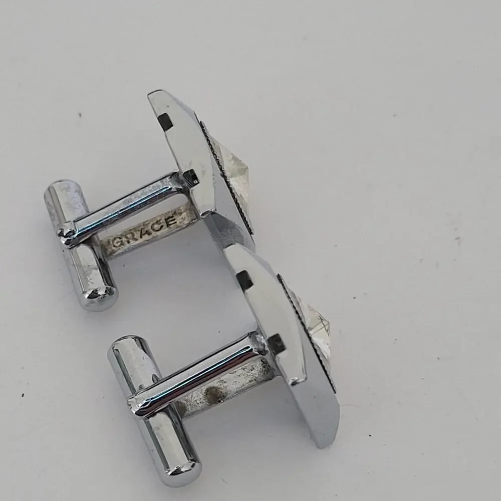 Contemporary Square Topaz Crystal Cufflinks Silver Tone Retro Glam Bullet Back